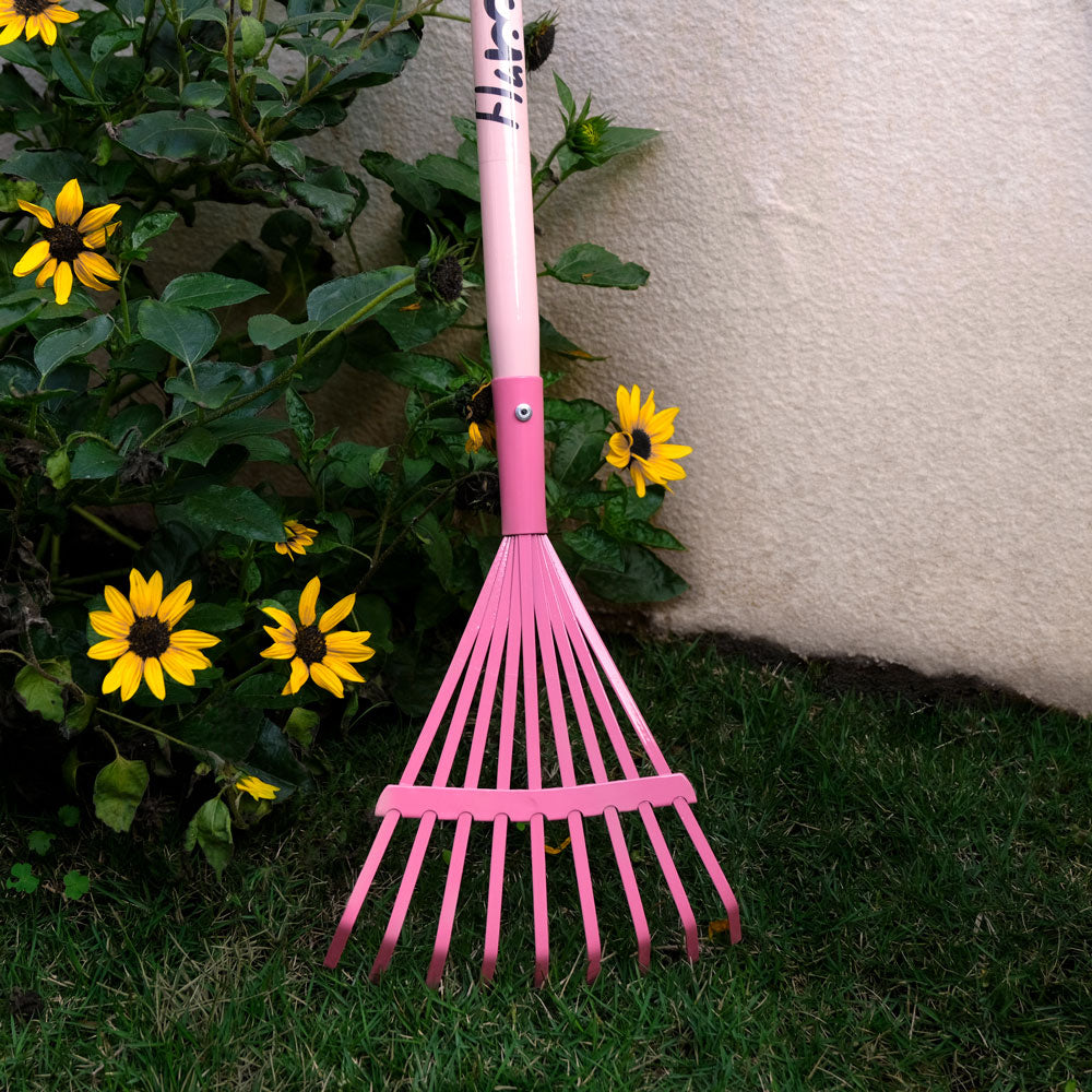 Pink Flamingo Kids Gardening Set Long Handle Leaf Rake Detail